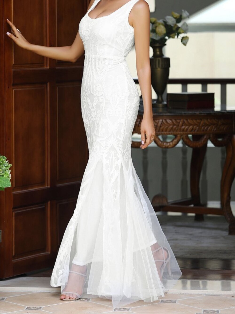 White Glamorous Women's Mermaid Hem Mesh Sequin Formal Gown - Picture 5 of 7